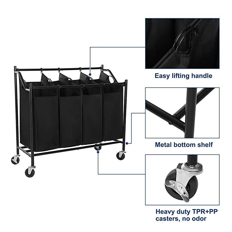 Rolling Laundry Cart Sorter with 4 Removable Bags Casters and Brakes Black