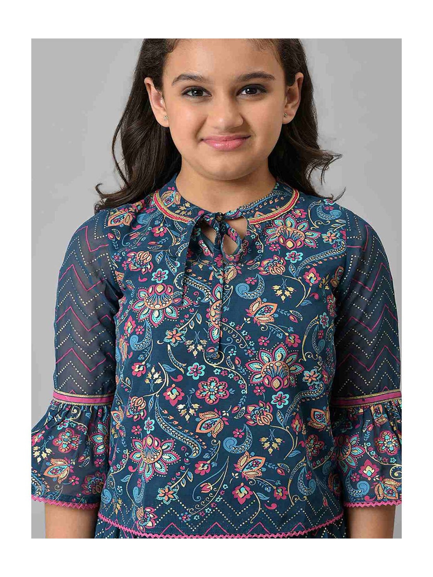 Aurelia Kids Dark Blue Floral Print Top with Skirt