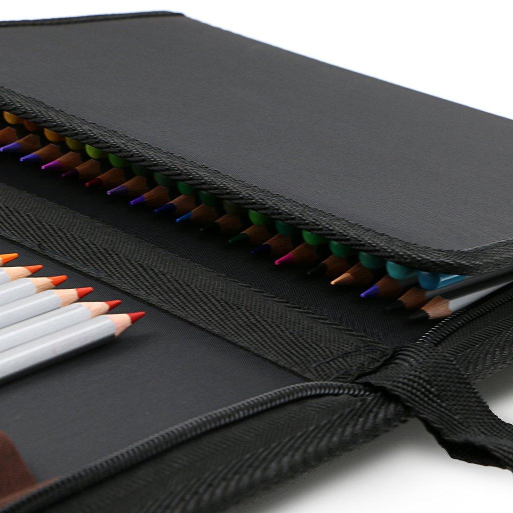 BTSKY Portable Canvas Zippered Colored Pencil Case-Super Large Capacity 72 Slot Pencil Bag Pouch for Watercolor Pencils (Black New)