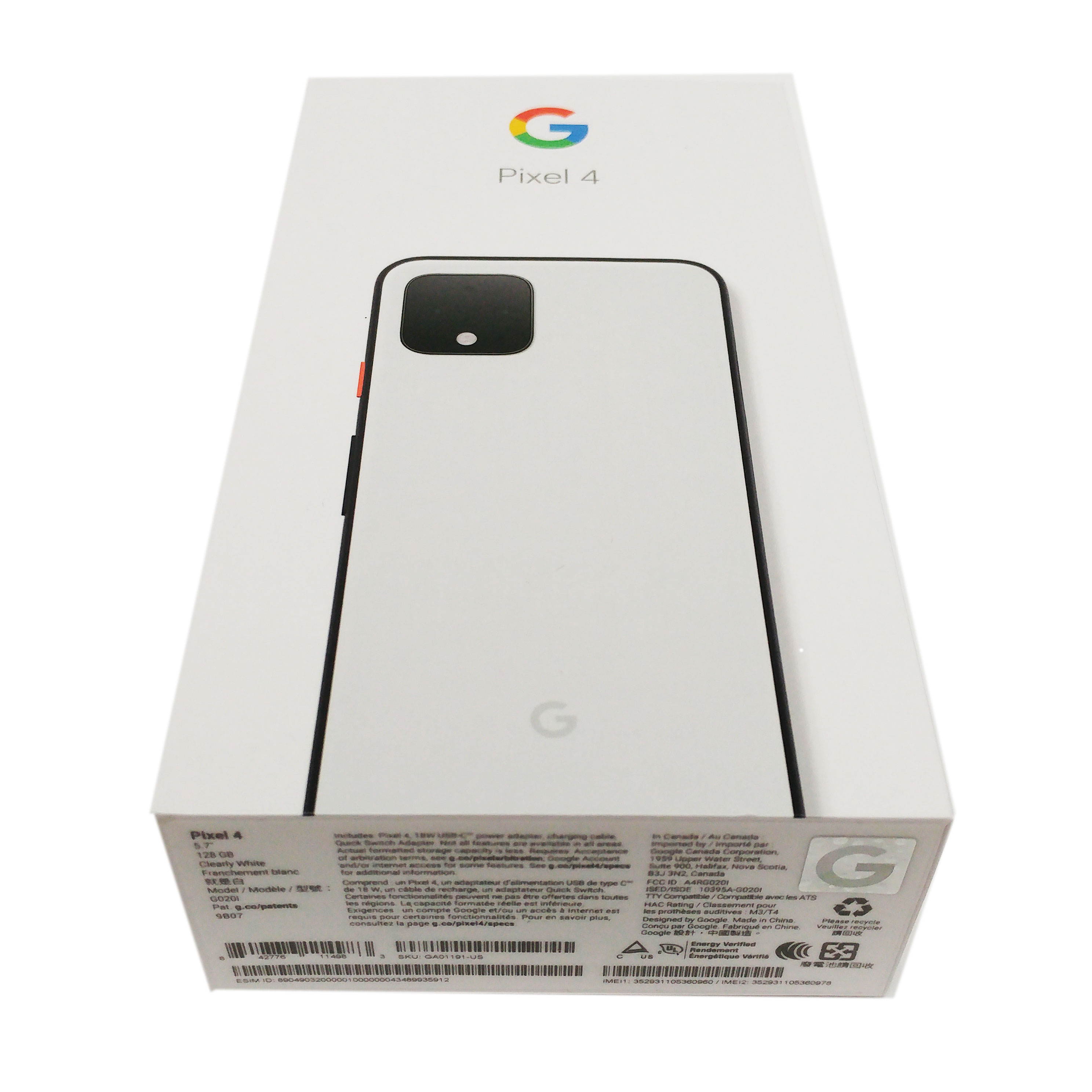 Google Pixel 4 128GB G020l GSM + CDMA Factory Unlocked 4G LTE 5.7" P-OLED Display 6GB RAM Snapdragon 855 GOOGLE EDITION  Smartphone - Clearly White