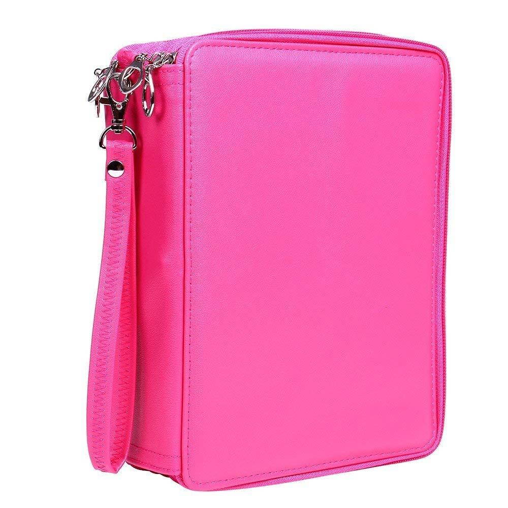 Shulaner 155 Slots Colored Pencil Case Rose Red Leather Pen Holder Large Capacity Portabl Organizer Holds Up to 80 Colored Pencils and 72 Colored Gel Pens with 3 Larger Slots for Eraser or Sharpener