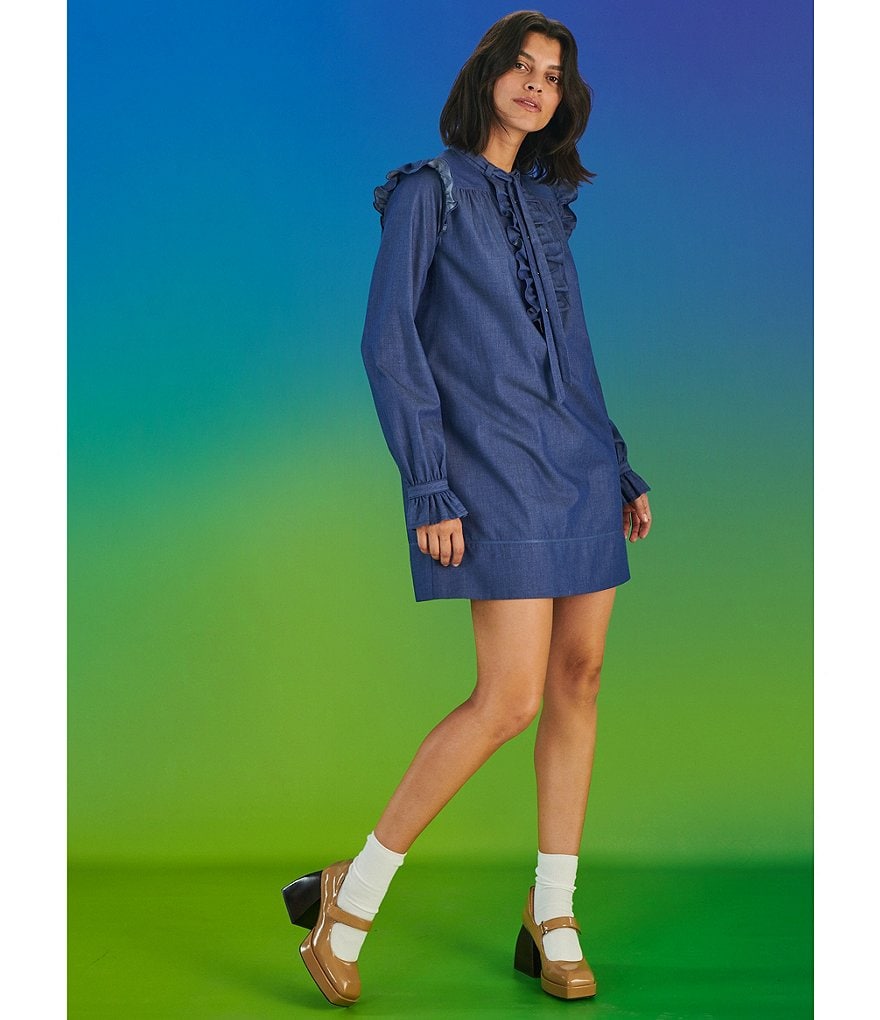 LDT Francesca Long Sleeve Band Collar Tie Neck Ruffled Mini Chambray Shirt Dress
