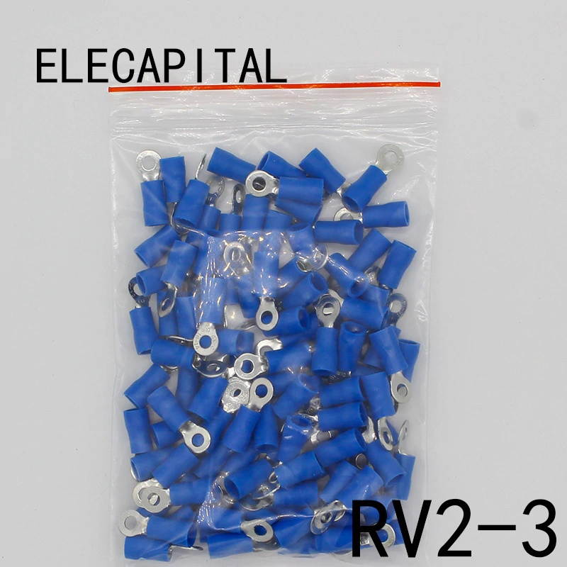 RV2-3 Blue 22-16 AWG 1.5-2.5mm2 Insulated Ring Terminal Connector Cable Connecto Wire Connector 100PCS/Pack RV2.5-3 RV
