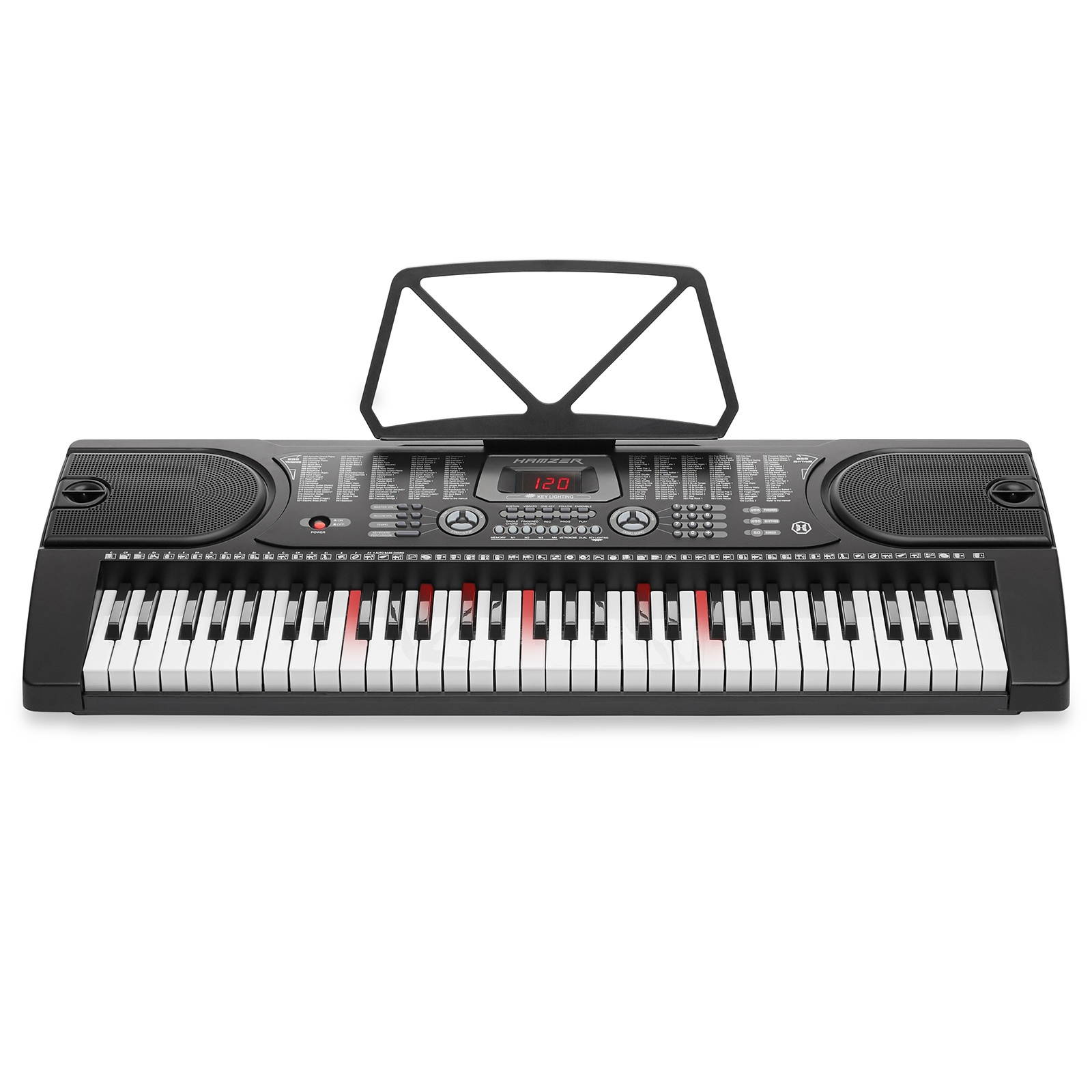 Hamzer 61-Key Electronic Keyboard Portable Digital Music Piano with Lighted Keys, H Stand, Stool, Headphones Microphone, & Sticker Set