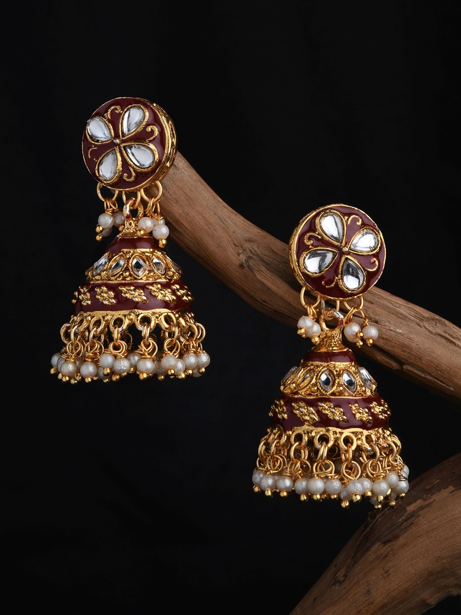 Fida Gold-Plated Maroon Enamel And Kundan Jhumki Earrings