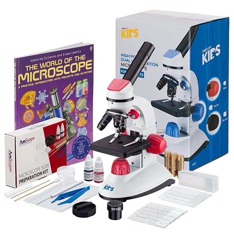 Kids 40X1000X Dual Illumination Microscope Red with Slide Prep Kit and Book