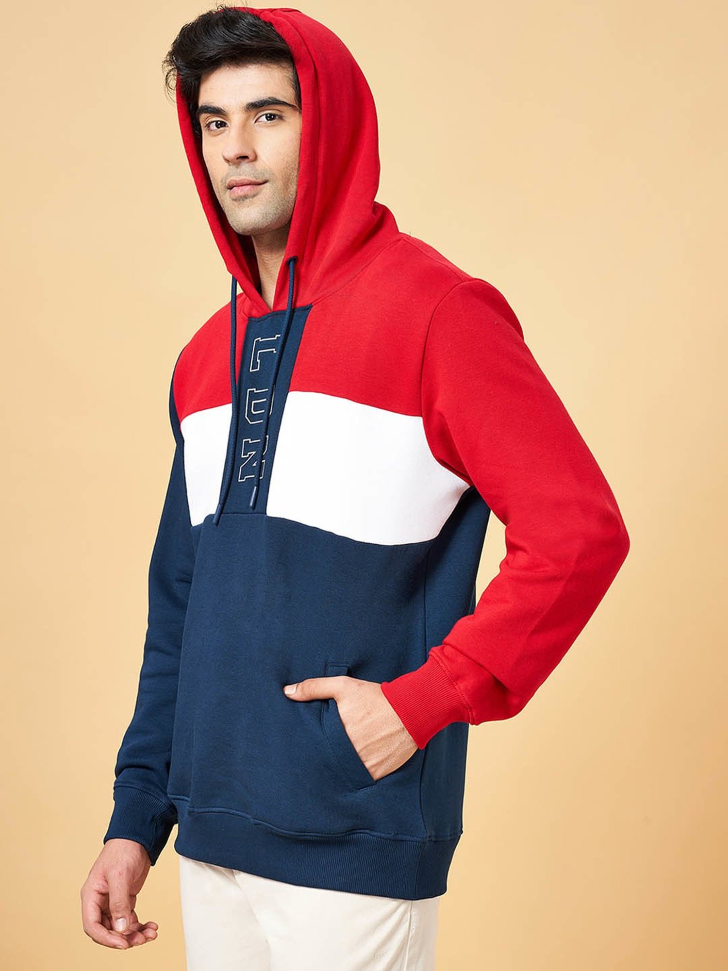 Byford by Pantaloons Navy Slim Fit Colour Block Hooded Sweatshirt