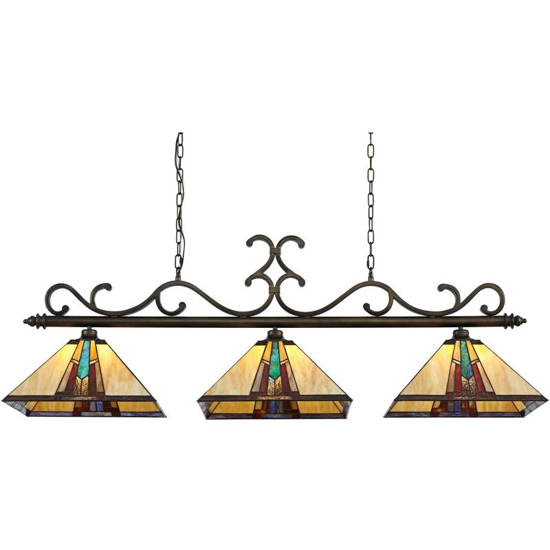 Robert Louis Tiffany Bronze Linear Island Pendant Chandelier 56" Wide Tiffany Style Ranier Art Glass 3-Light Fixture for Kitchen