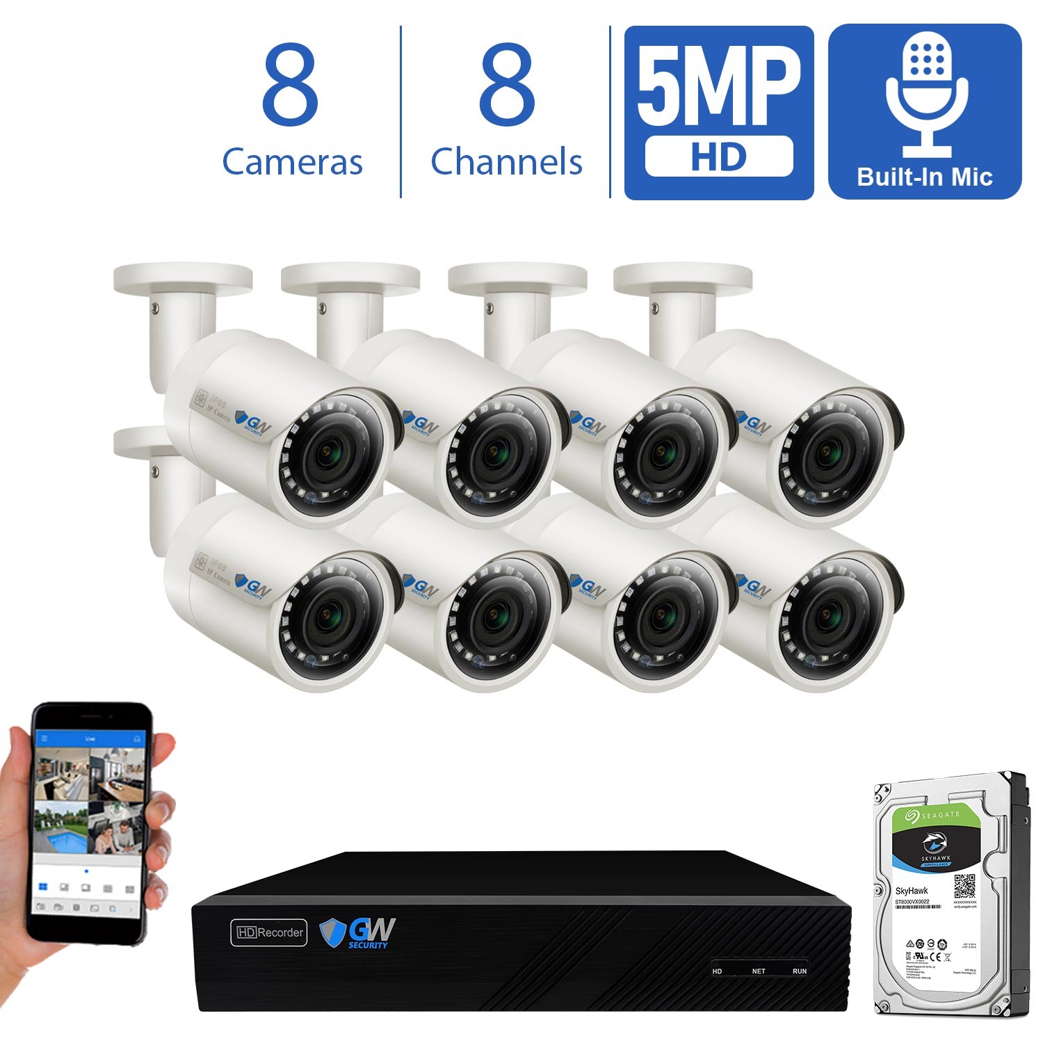GW Smart AI PoE IP Video & Audio Security Camera System, 32CH 4K NVR with 24 x 5MP 1920P IP Bullet Camera, Day/Night Weather Proof, Human Detection, 8TB
