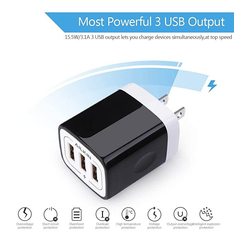 Wall Charger Plug  USB Plug Wall 3MultiPort Home Charger Station Cube Box Charger Outlet Base Brick Block Replacement for iPhone iPad and iWatch Charger Plug Black