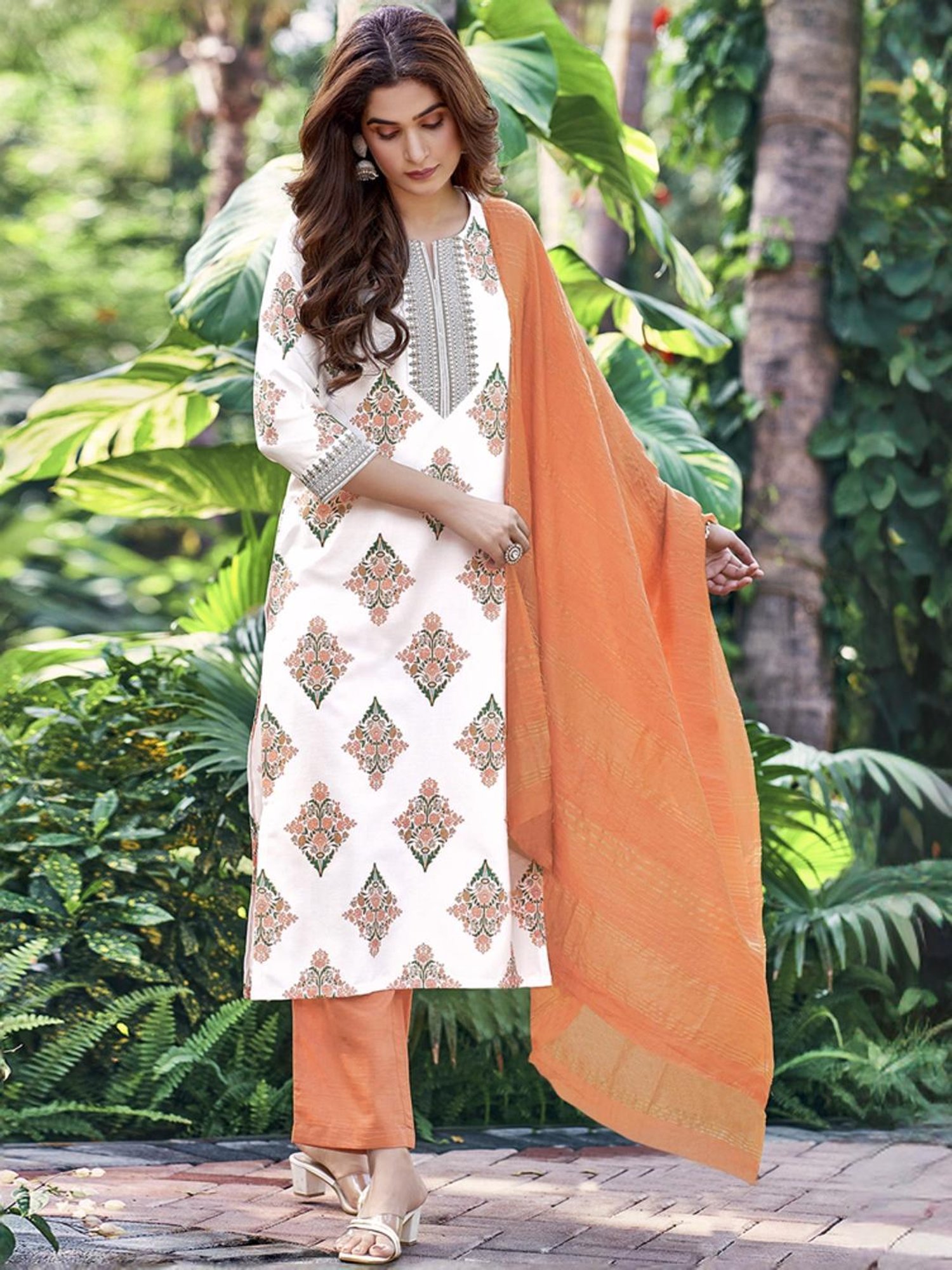 Skylee White & Orange Printed Kurta Pant Set With Dupatta