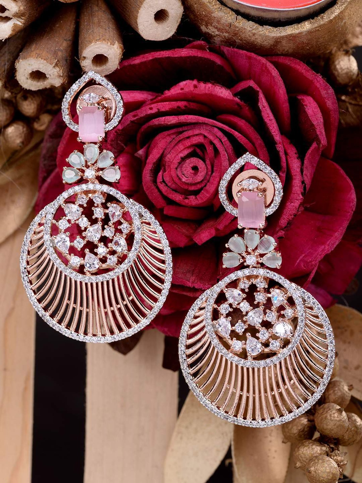 Saraf RS Jewellery Rosegold AD studded Chandbali Earrings