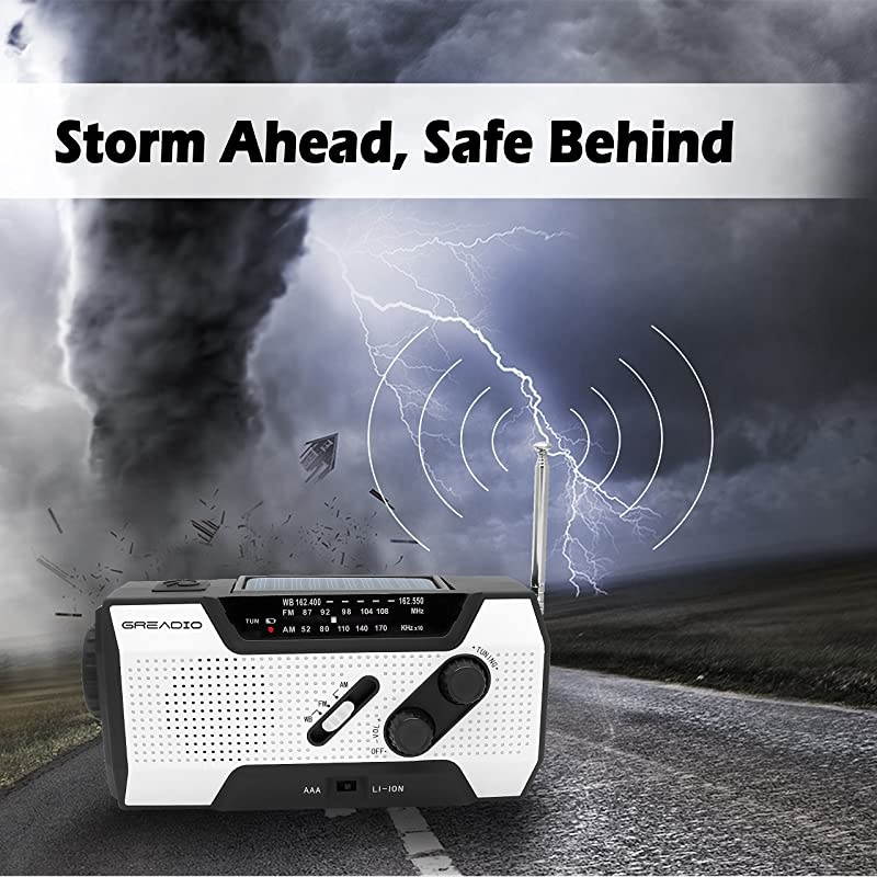 Weather Solar Crank AMFM NOAA Radio with Portable 2000mAh Power Bank Bright Flashlight and Reading Lamp for Household and Outdoor Survival