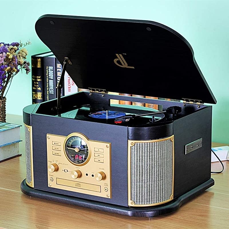 Record Player, Phonographs  3-Speed Vinyl Turntable Built-in 2 x9W Bluetooth Speakers, Headphone Jack/Aux In/RCA/LED/USB/MP3/CD/FM/AM Record Player