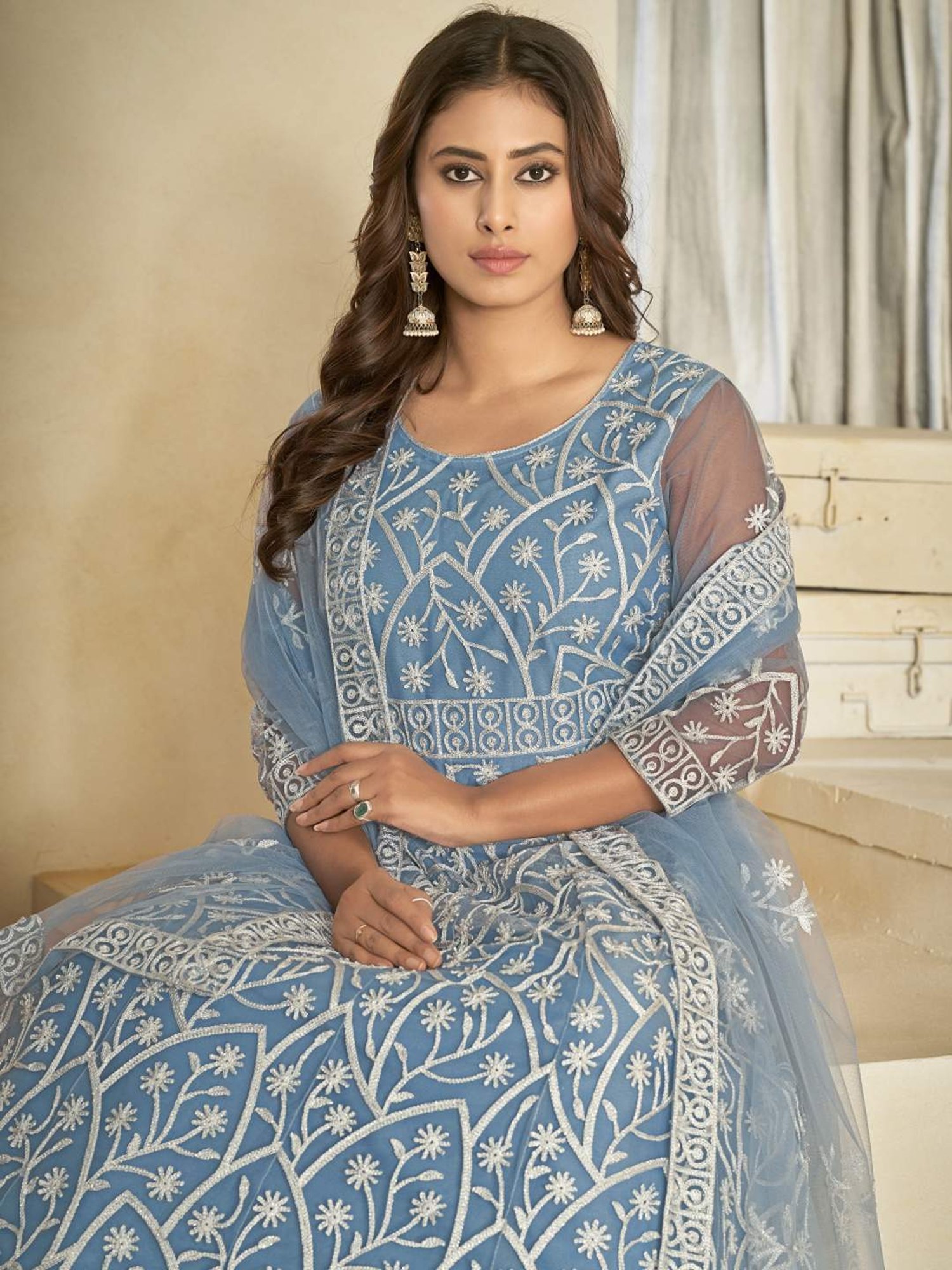 Warthy Ent Blue Embroidered Unstitched Dress Material