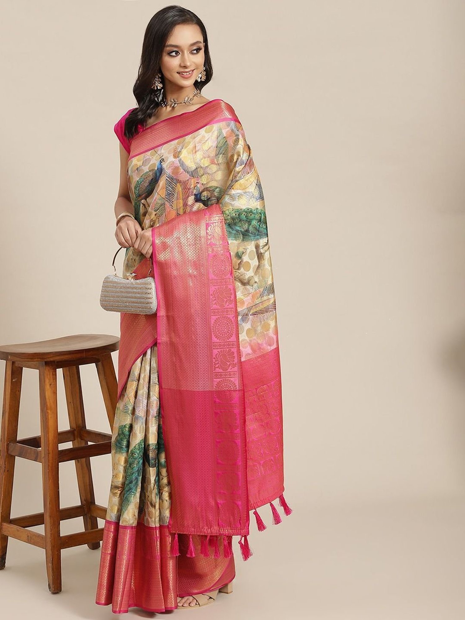 Silk Land Silk Peach & Pink Printed Saree With Unstitched Blouse