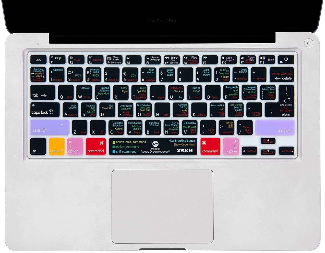 XSKN MacBook Shortcuts Design Series Adobe Hotkey MacBook Hot Keys Silicone Laptop Keyboard Skin Cover for MacBook 13" MacBook 13" 15" 17", US&European Layout (Dreamweaver)