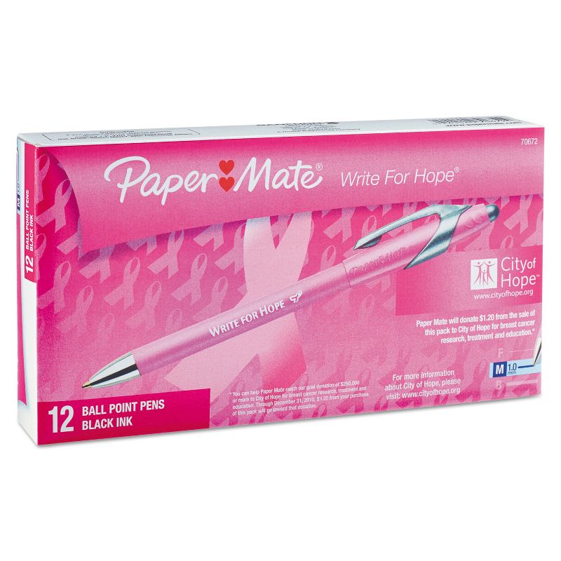 Paper Mate FlexGrip Elite Pink Ribbon Pen Ballpoint Retractable Black Ink Medium Dozen 70672