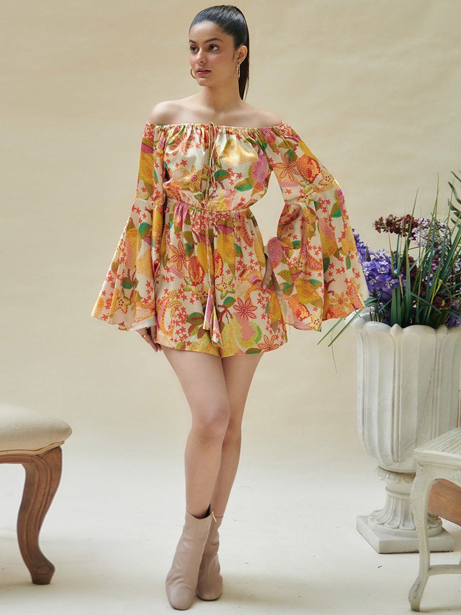 Cin Cin Yellow Pear Printed Off Shoulder Playsuit