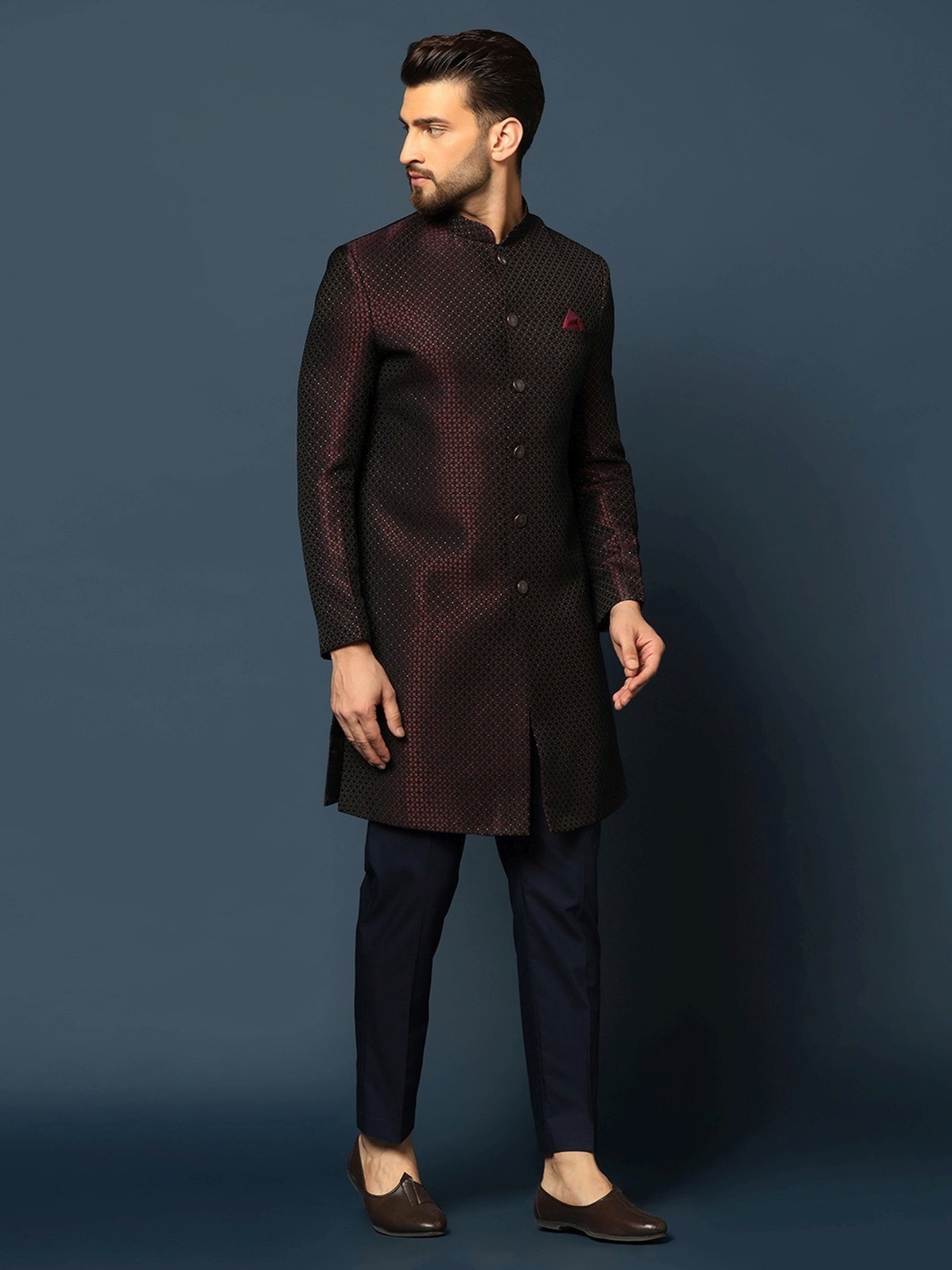 Hangup Plus Beige & Black Regular Fit Printed Sherwani Set