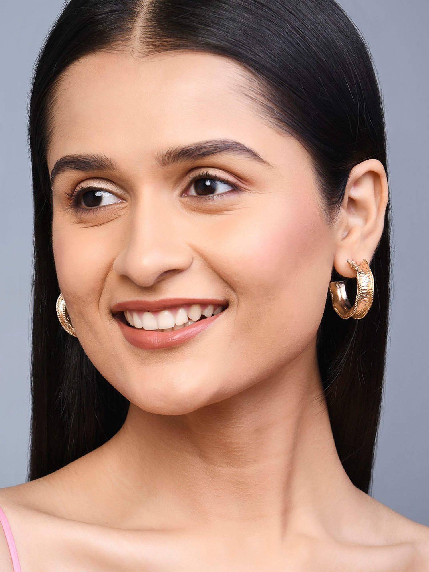 ToniQ Stylish Gold-Plated Textured Hoop Earrings for Women