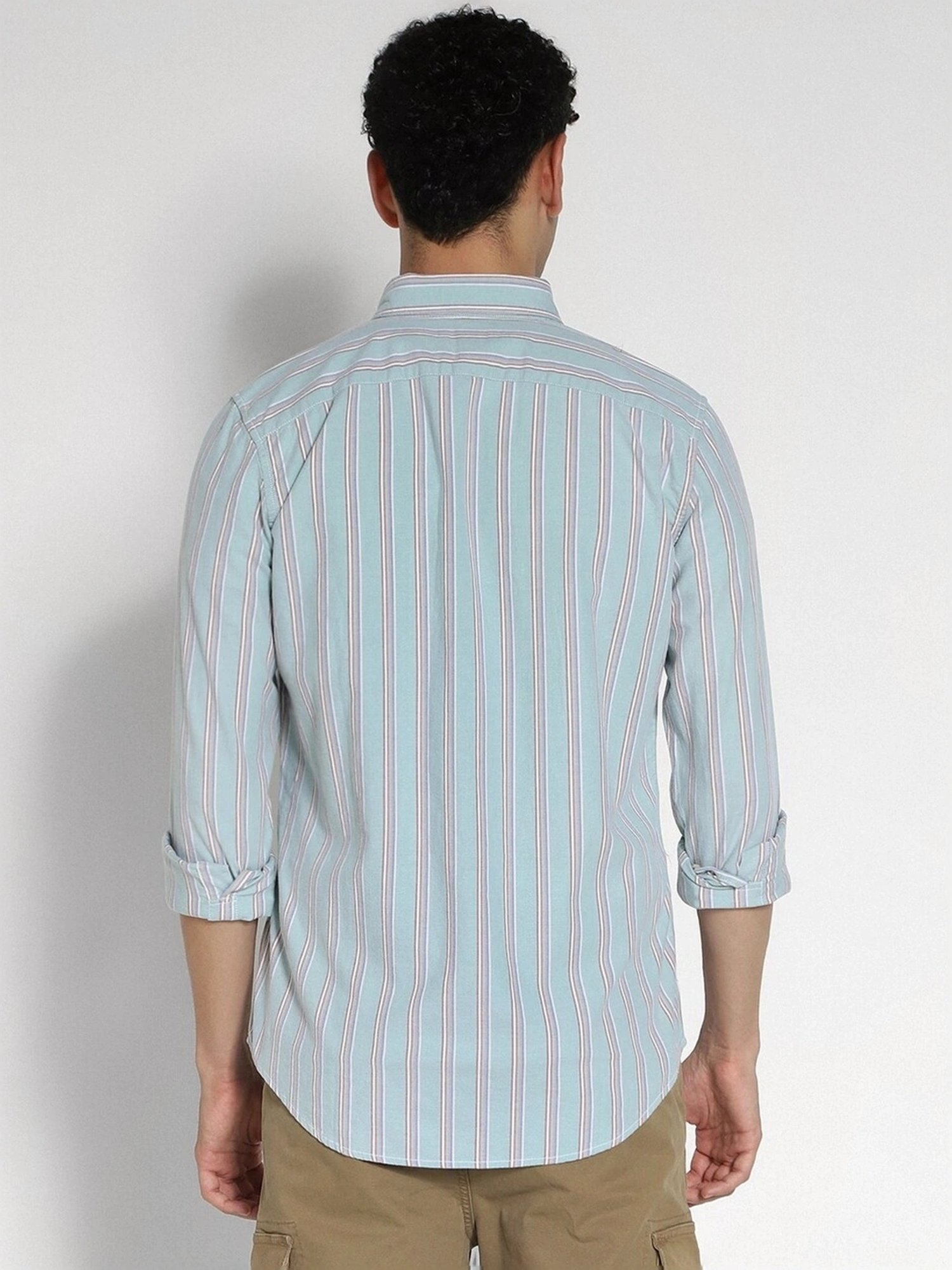 American Eagle Blue Cotton Slim Fit Striped Shirt