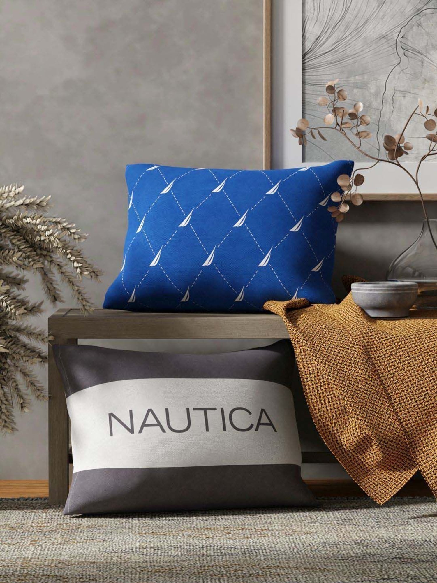 Nautica Logo Stripe Blue & Grey Microfibre 300 GSM Premium Cushion Covers - Set of 2