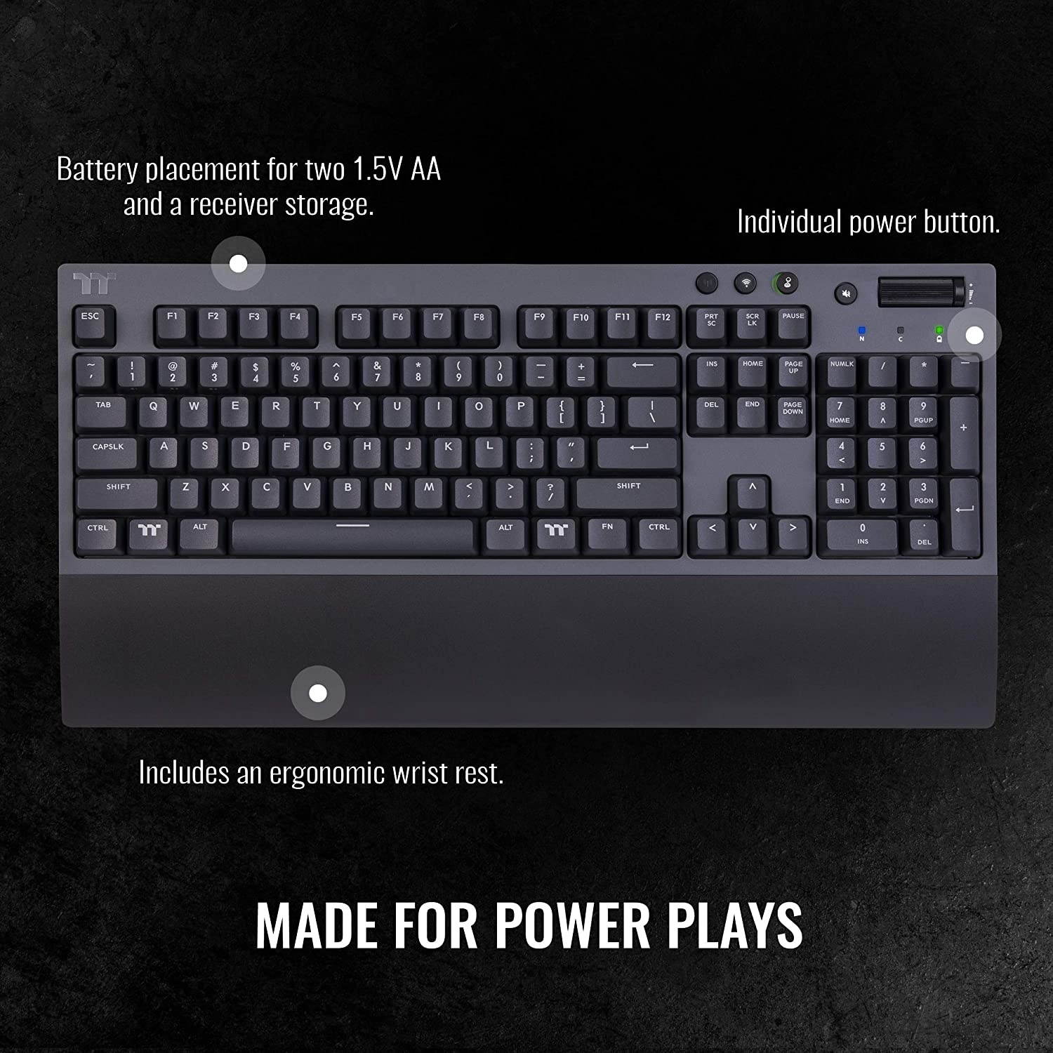 Thermaltake W1 Wireless Gaming Keyboard Cherry MX Blue, 2.4GH per Minute, Bluetooth 4.2, Low Energy Technology, USB Type-C Connection. GKB-WOW-BLSNUS-01