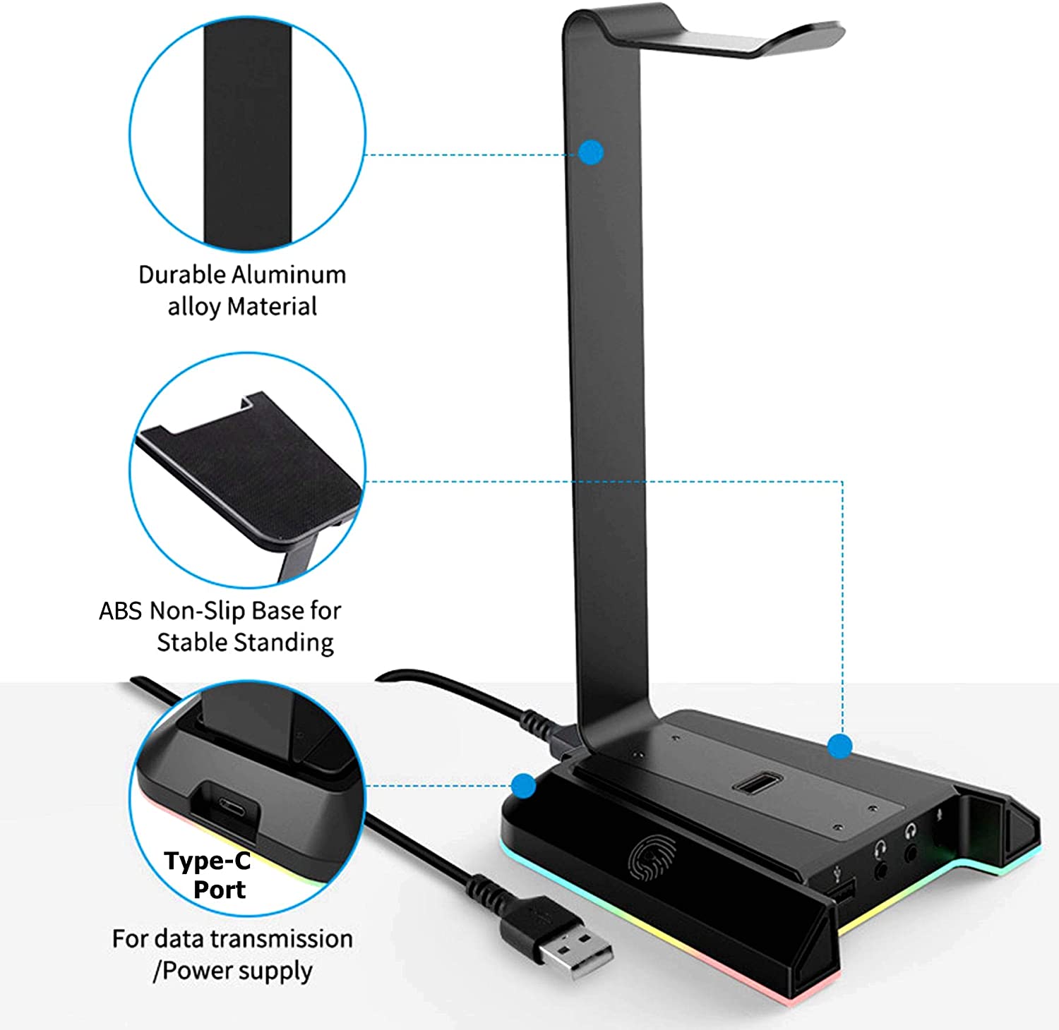 Gaming Headset Stand Holder, Aluminum RGB 7.1 Surround Sound Headphone Headset Stand Holder Hanger Hook with USB Charger and 3.5mm AUX Port Universal