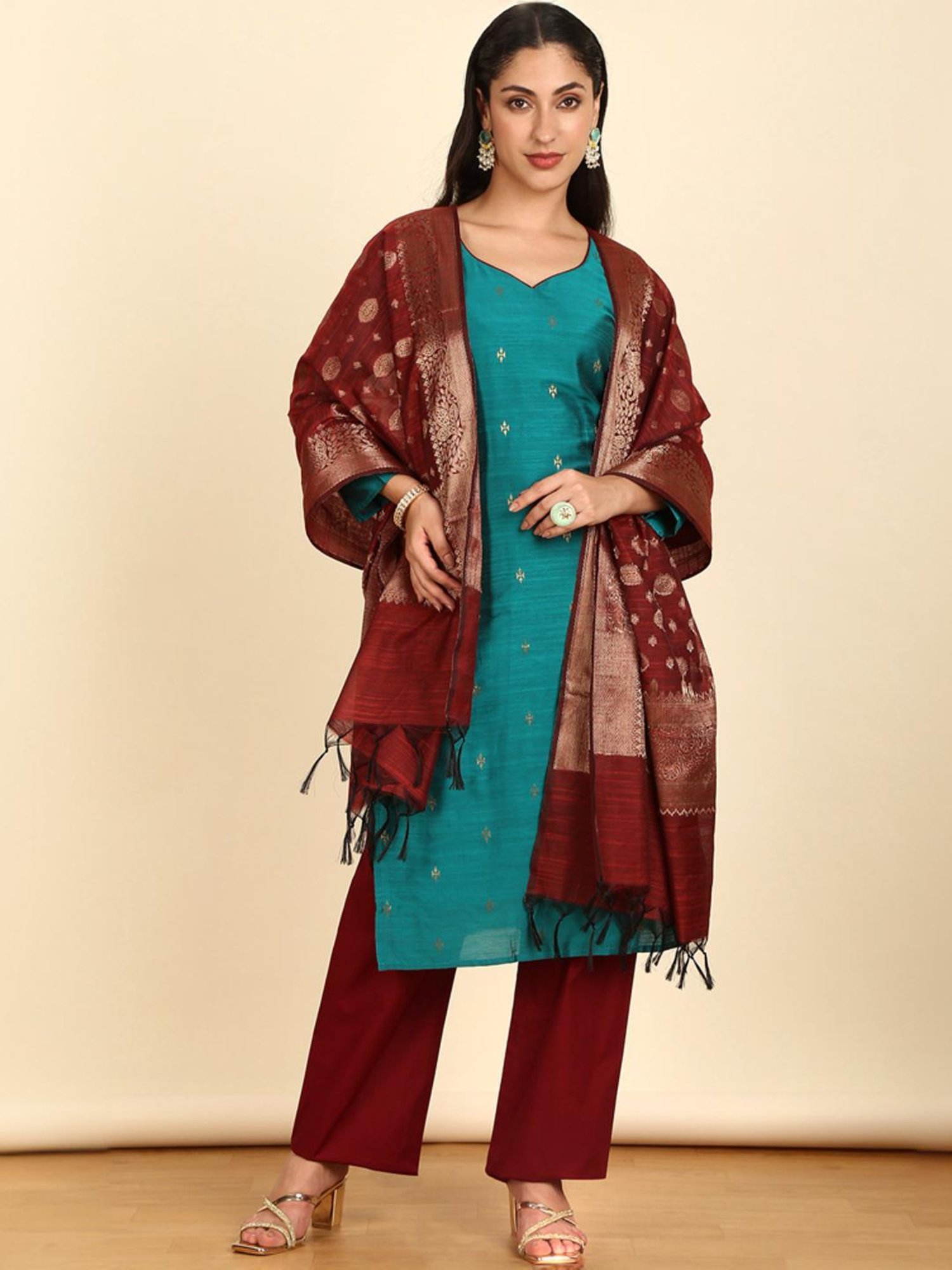 Soch Womens Teal Silk Blend Zari Woven Unstitch Dress Material