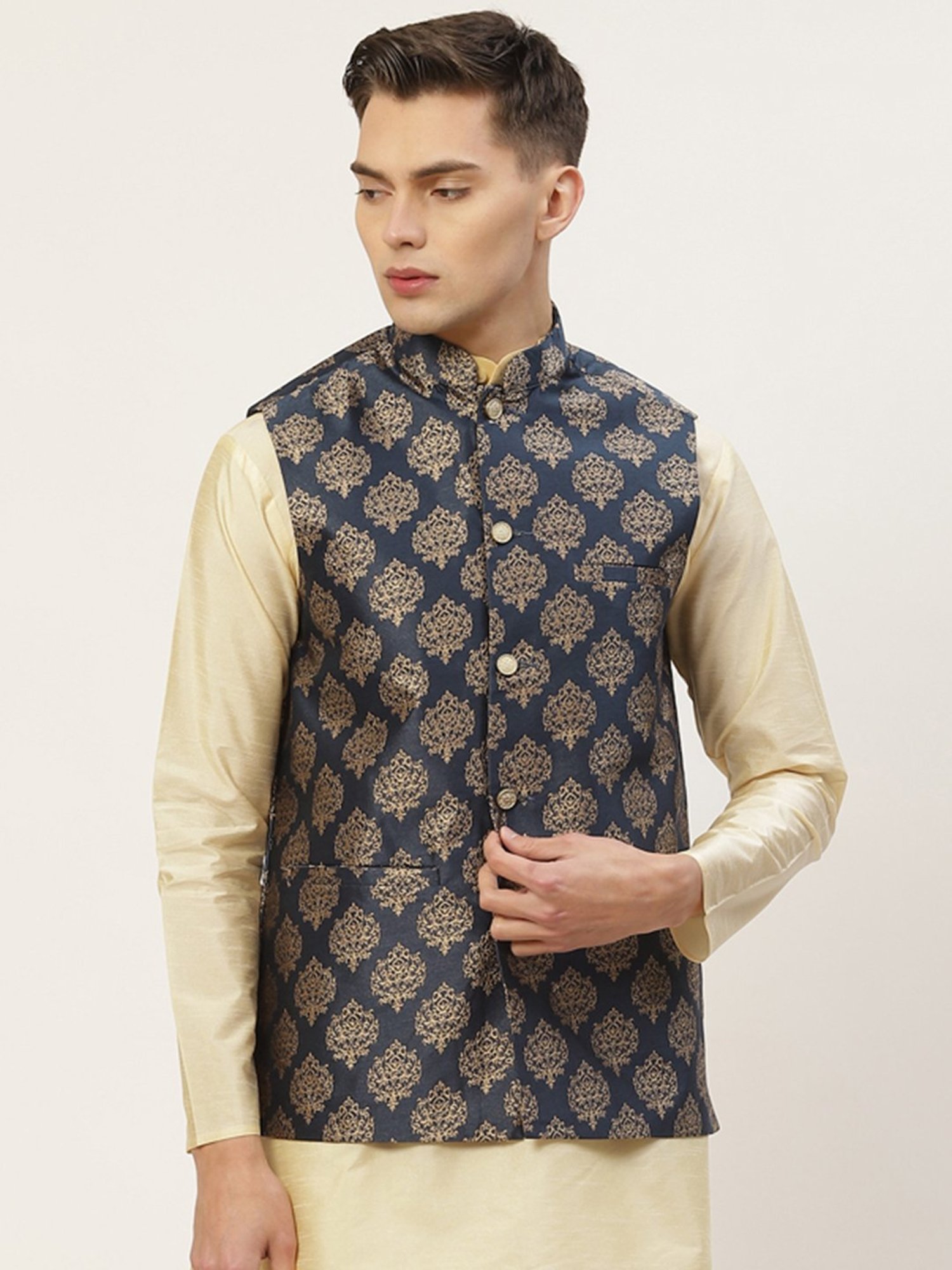 Jompers Navy Regular Fit Printed Nehru Jacket