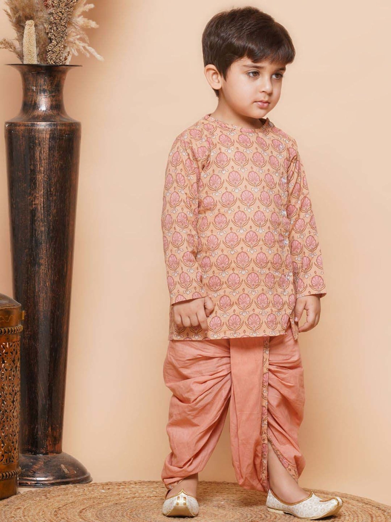 AJ Dezines Kids Peach Cotton Printed Full Sleeves Kurta Set