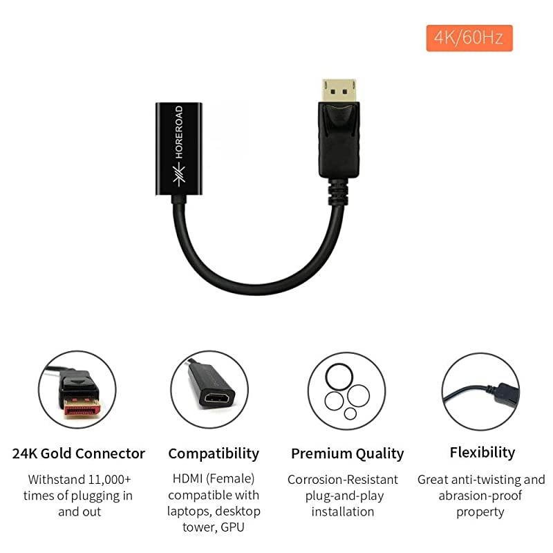 DisplayPort to HDMI Adapter 4K 60Hz UHD  DP14 Male to HDMI20 Female Cable Compatible with Tablets TVampMonitor Playing Source Laptop and MoreDeep Black