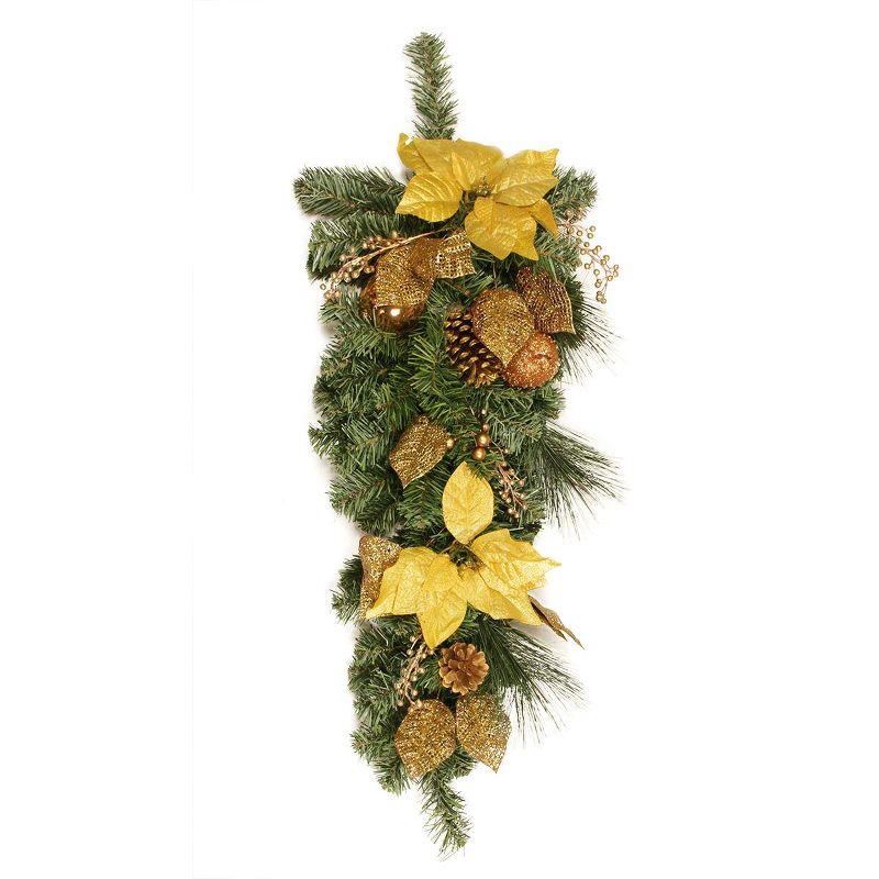 Christmas Central 30 Gold Poinsettia, Apple and Berry Artificial Christmas Teardrop Swag - Unlit