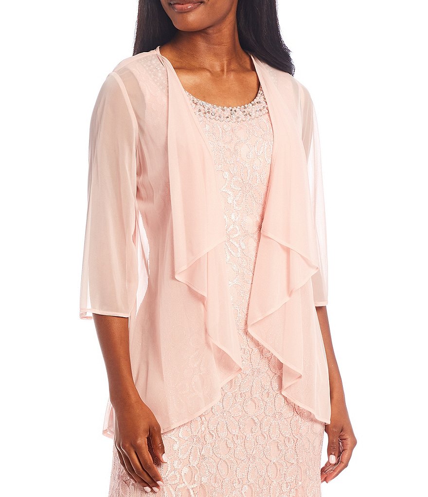 R & M Richards Glitter Lace Beaded Neck 2-Piece Jacket Gown