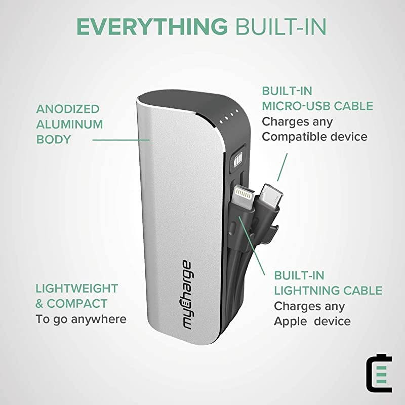 HubMini Portable Charger 3300mAh External Battery Pack Power Bank Built-in Lightning Cable and Micro-USB Cable for Cell Phones (iPhone Xs, XS Max, XR, X, 8, 8 Plus, 7, 6S, Samsung Galaxy)