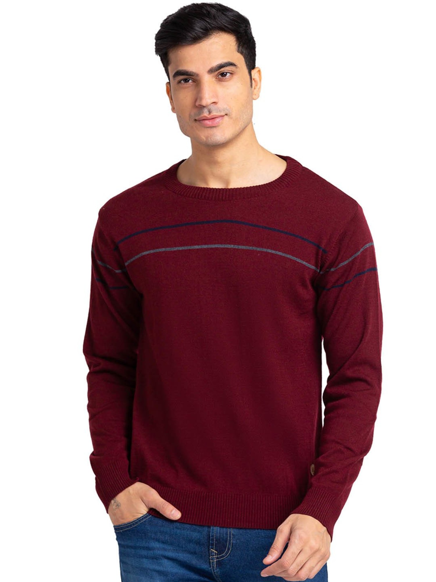 Raymond Maroon Regular Fit Striped Sweater