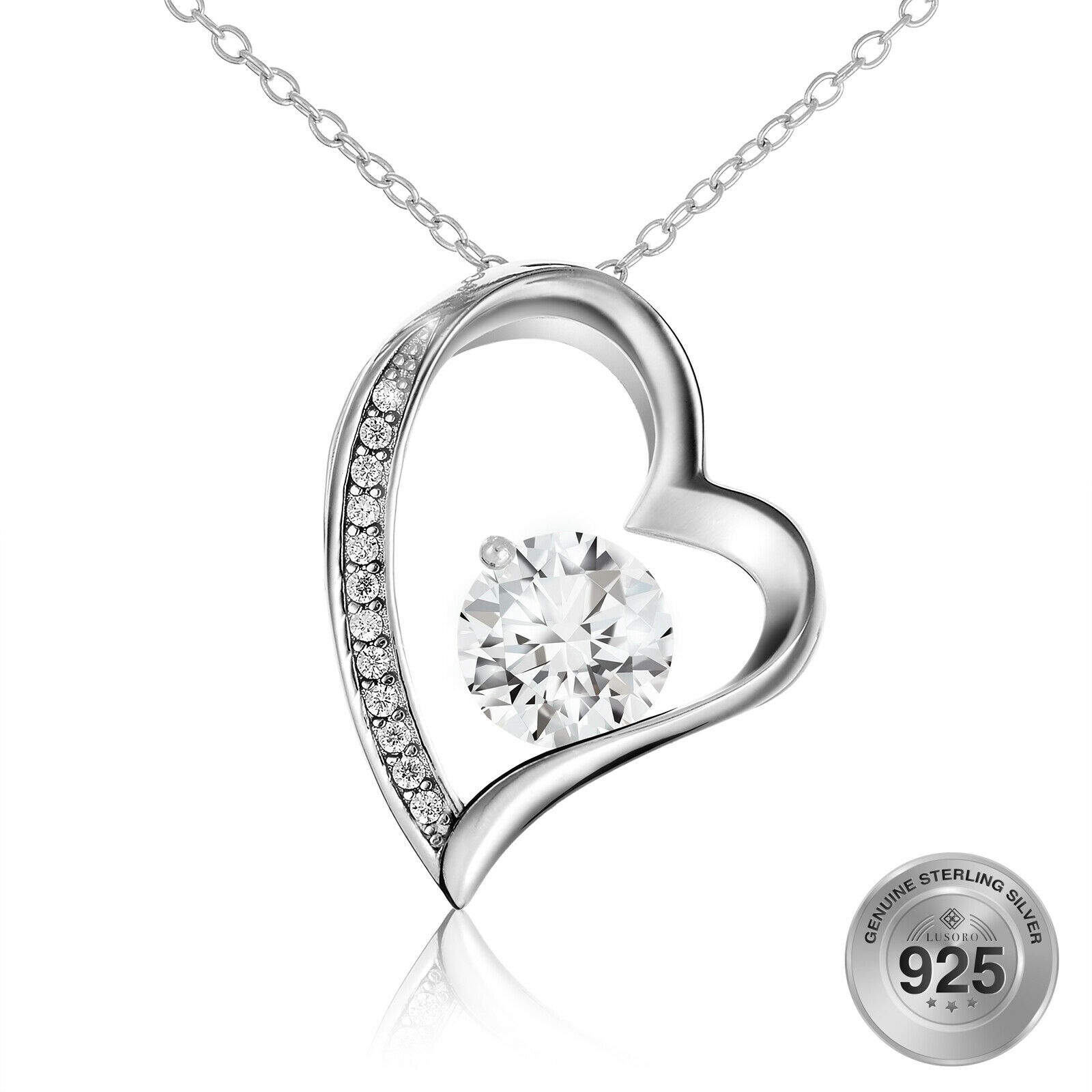 925 Sterling Silver Womens AAA Cubic Zirconia Open Heart Pendant Necklace 18"