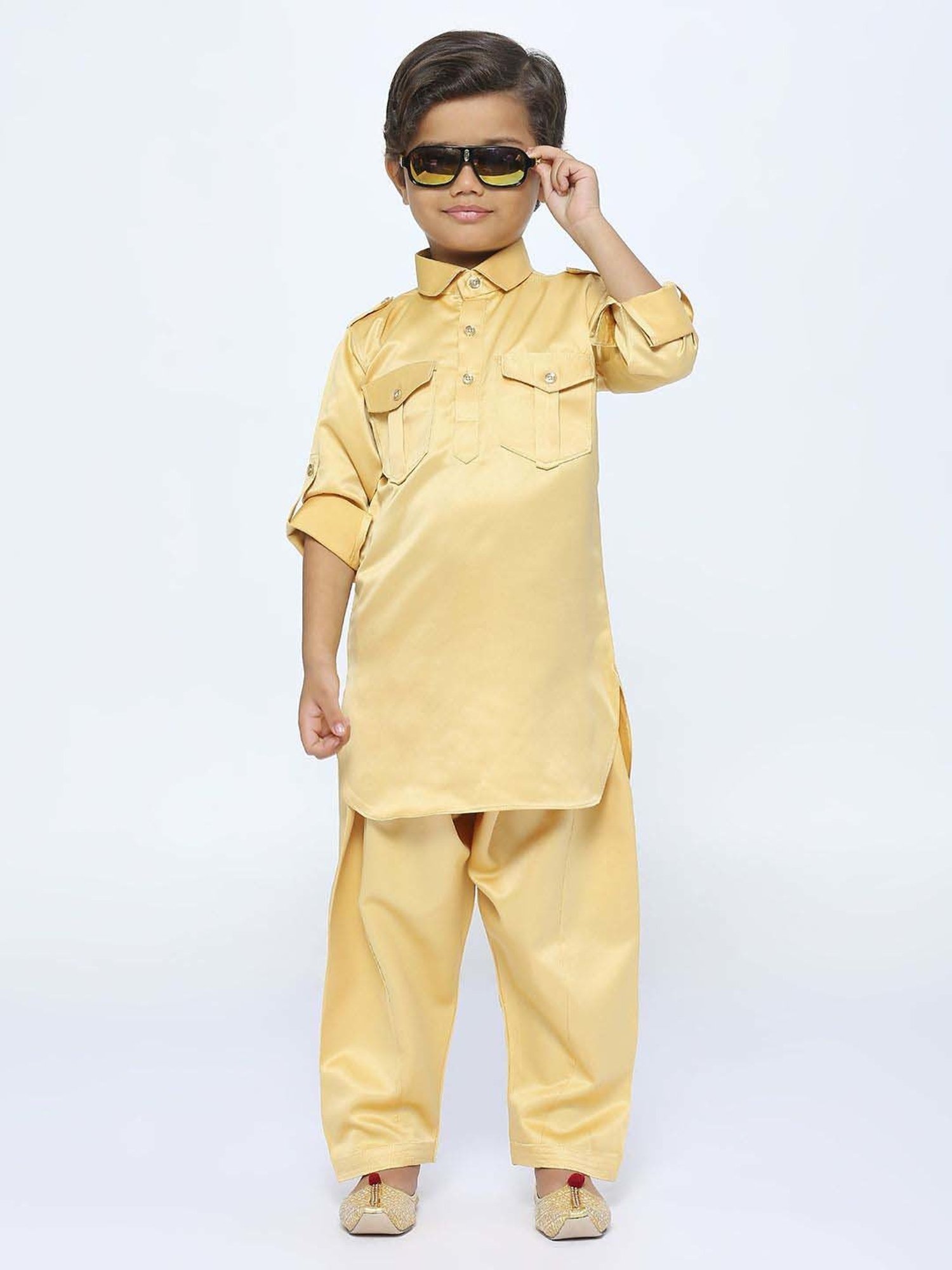 Kids Island Boys Gold Solid Full Sleeves Kurta Set