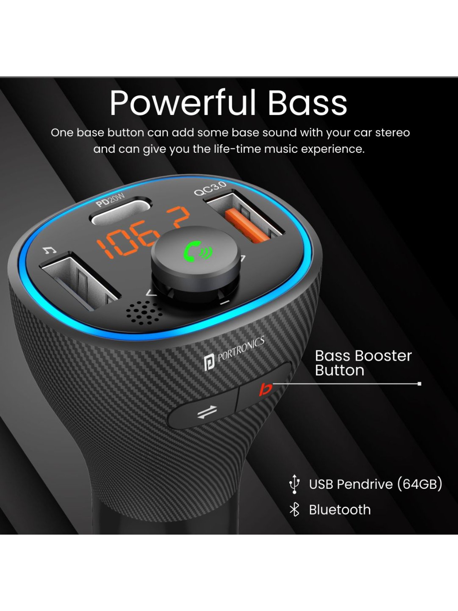 Portronics Auto 15 POR-1265 Car Radio Adapter with Bluetooth and FM Transmitter (Black)