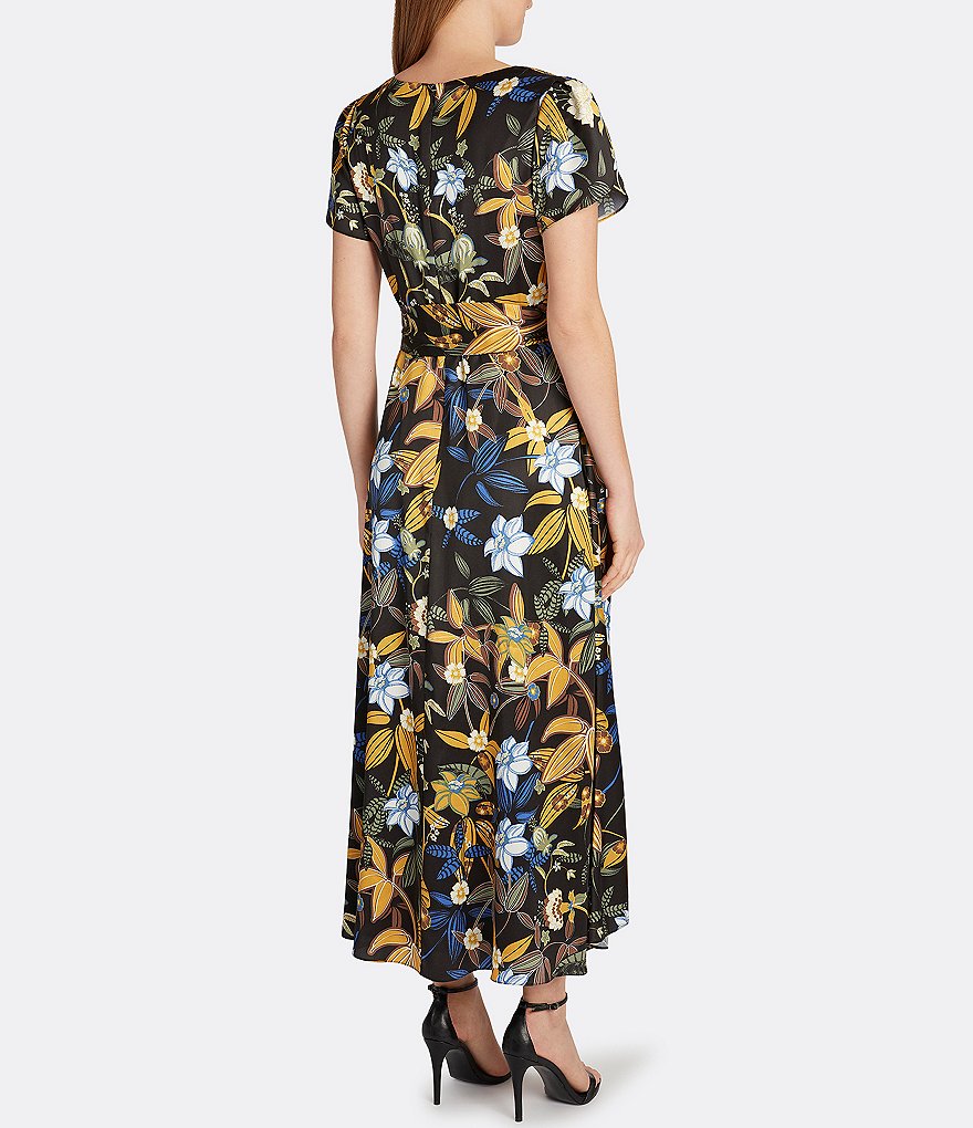 Tahari ASL Floral Satin Wrap Surplice V-Neck Short Sleeve Hi-Low Midi Dress