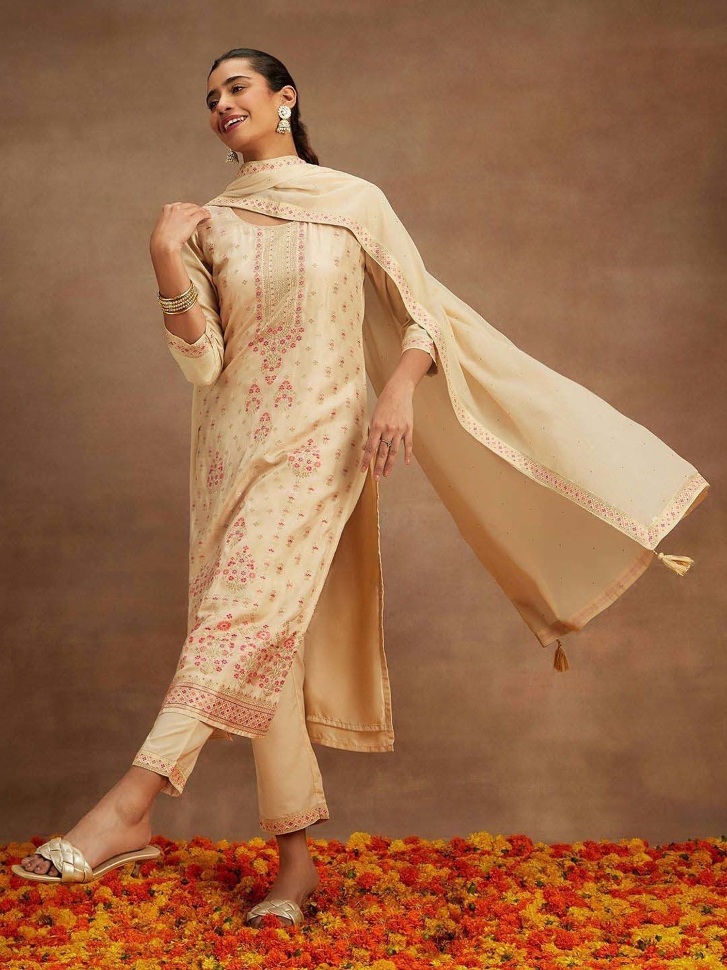 Libas Beige Woven Pattern Kurta Pant Set With Dupatta