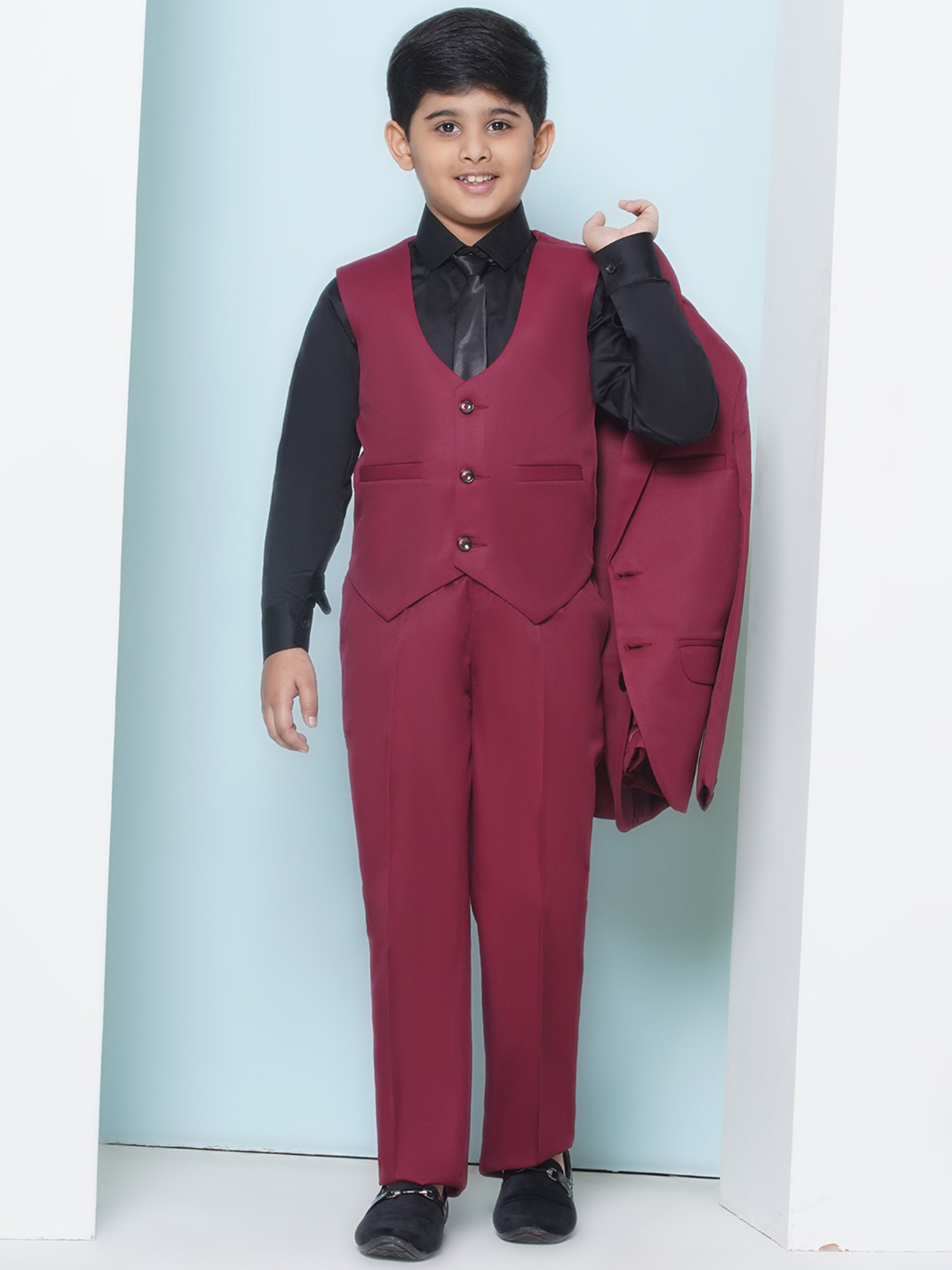 AJ Dezines Kids Maroon & Black Solid Full Sleeves Shirt, Pants, Coat, Waistcoat with Tie