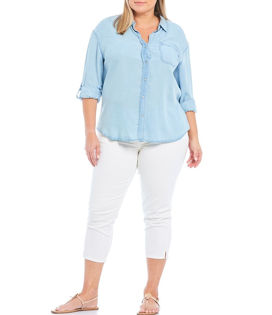 Westbound Plus Size Indigo Button Down Point Collar Roll-Tab Long Sleeve Button Front Shirt
