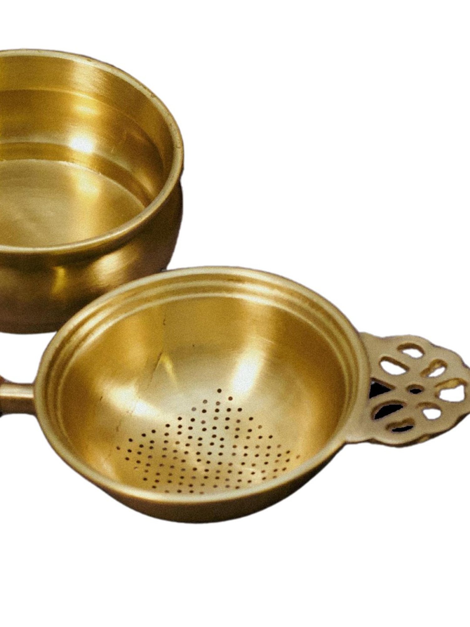 Ambi Exquisite Matte Finish 2 Pc Brass Large Tea Strainer With Resting Pot