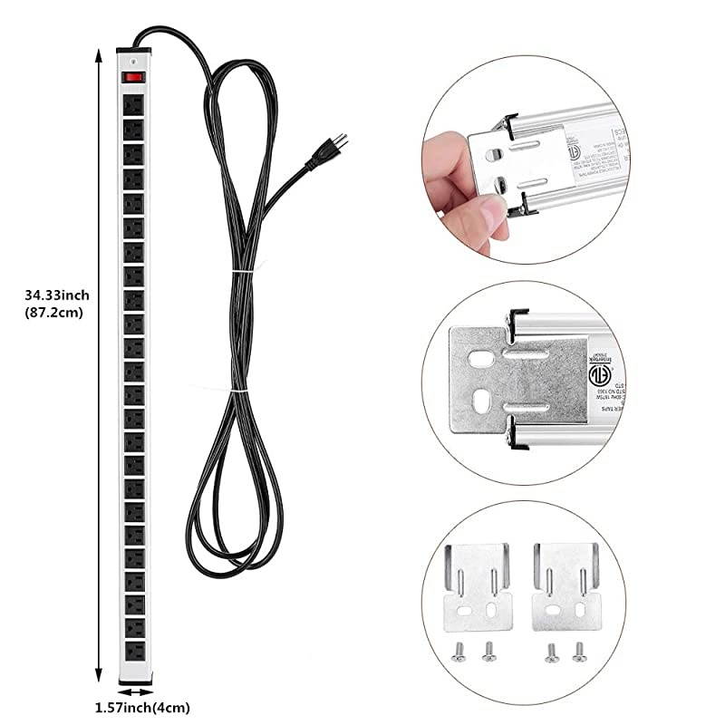 Rack Mount Power Outlet Surge Protector Power Strip 24 Outlet Heavy Duty Multi Plug Outlet Aluminum Socket with Smart Circuit Breaker and 15 Ft Long Cord Silver