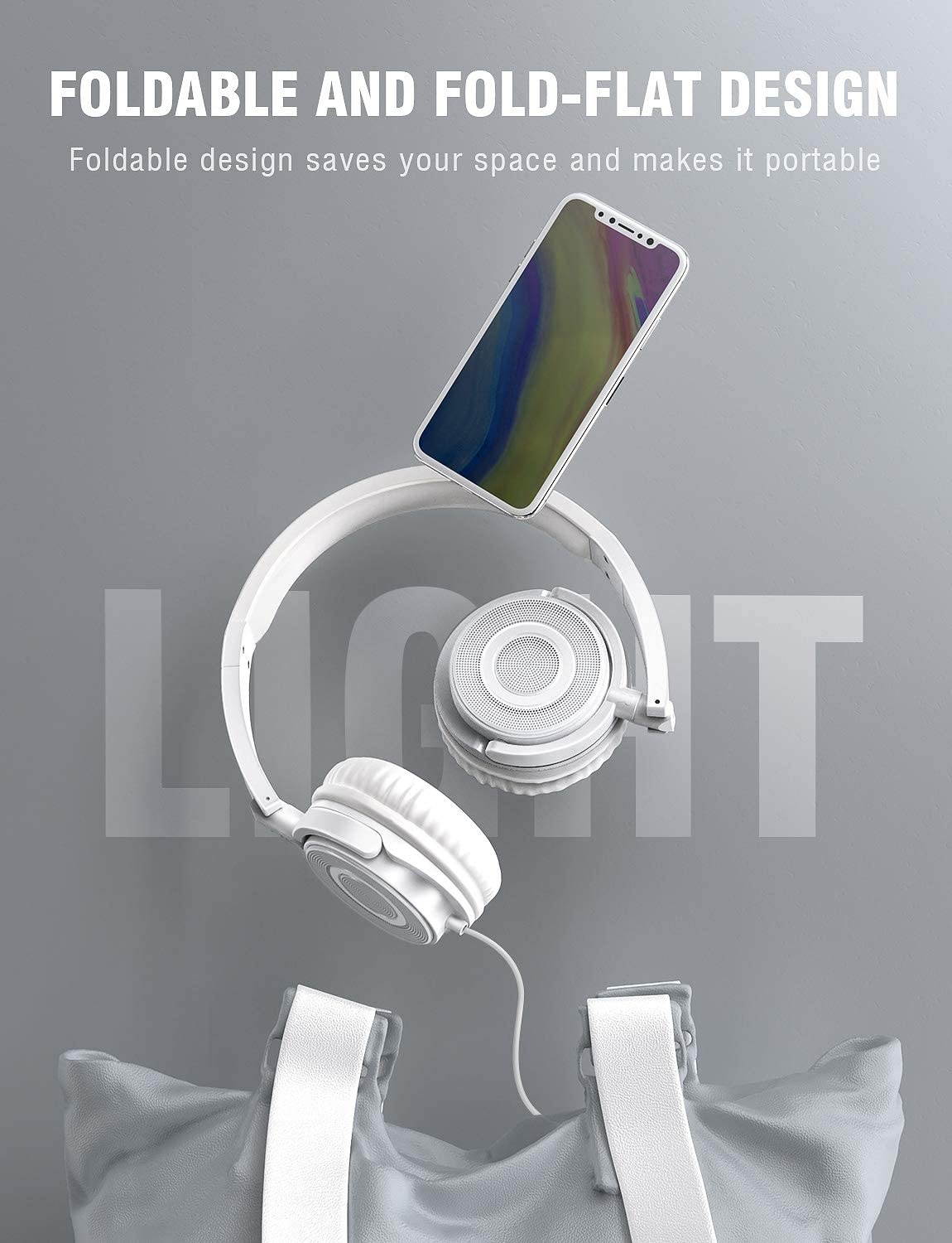 vogek on ear headphones lightweight and foldable bass headphones with volume control and microphone Gold white