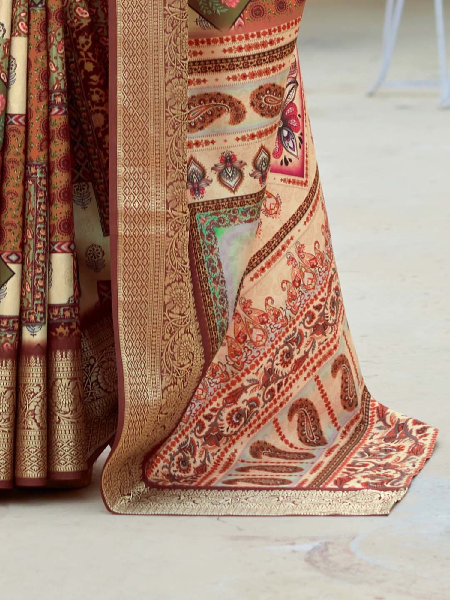 Saree Mall Beige Silk Printed Saree With Unstitched Blouse