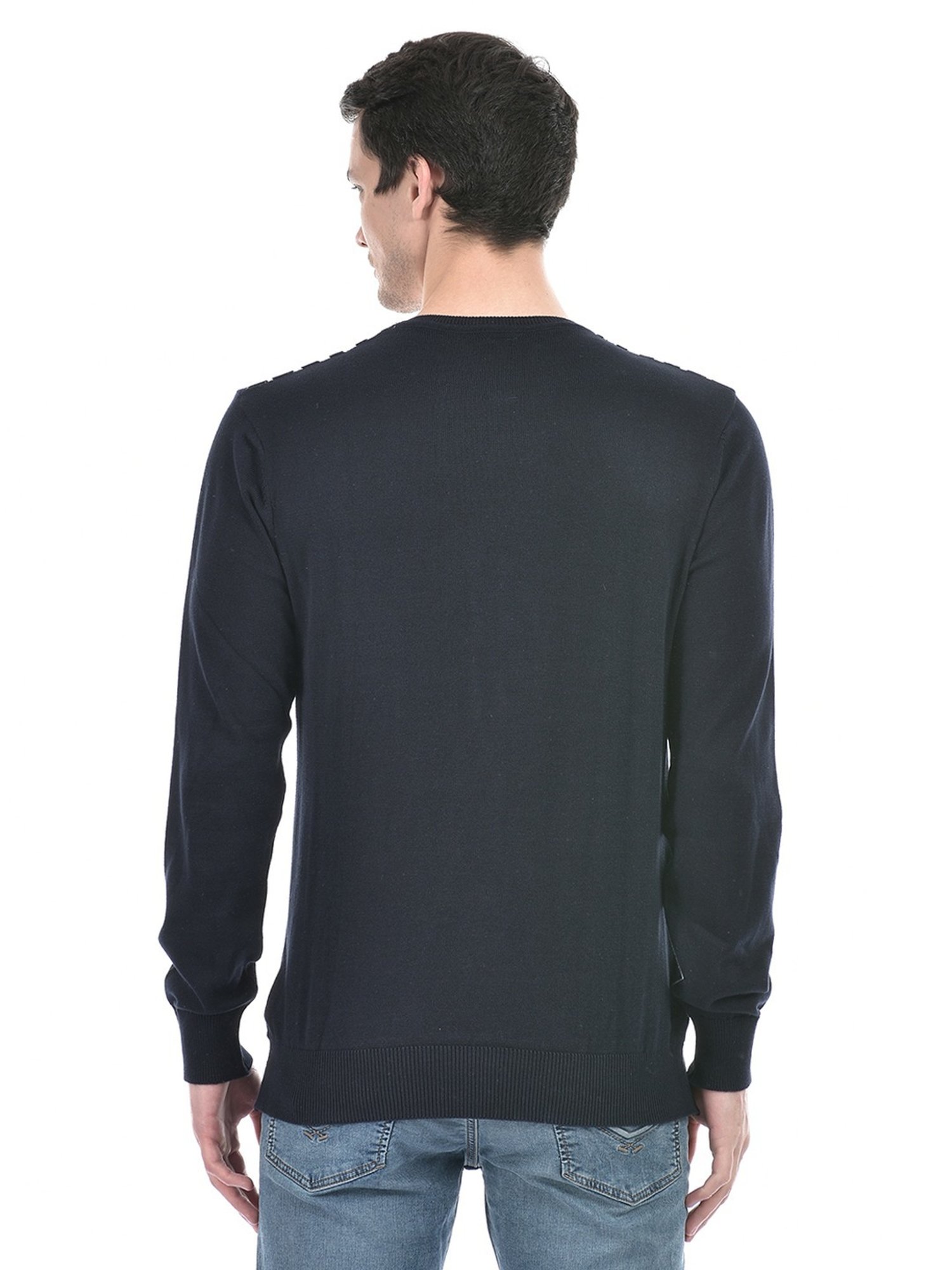 Numero Uno Navy Cotton Regular Fit Striped Sweater