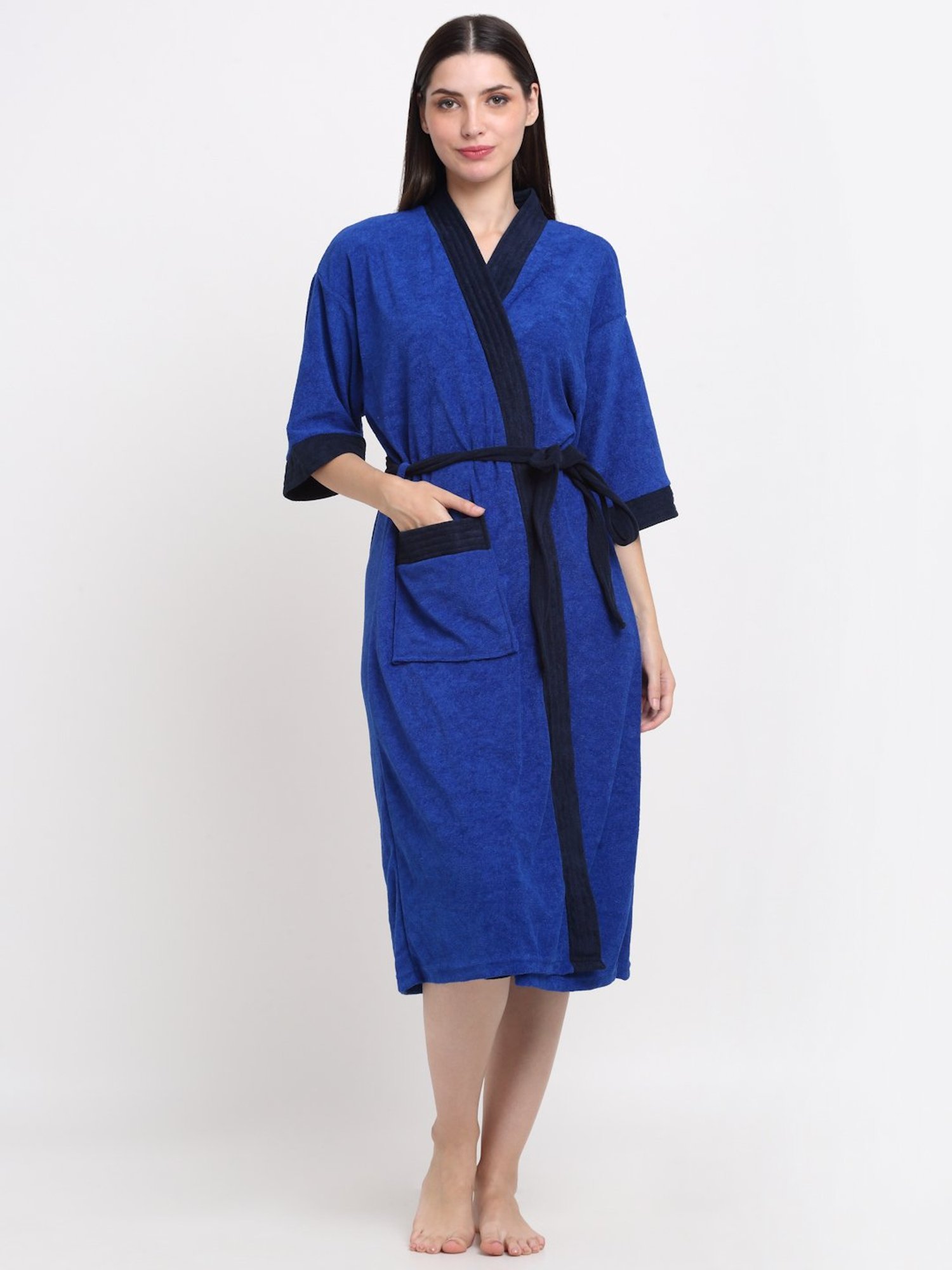 Creeva Everyday Turkish & Navy 225 GSM Micro Terry Bathrobe with Front Pocket & Kimono Collar